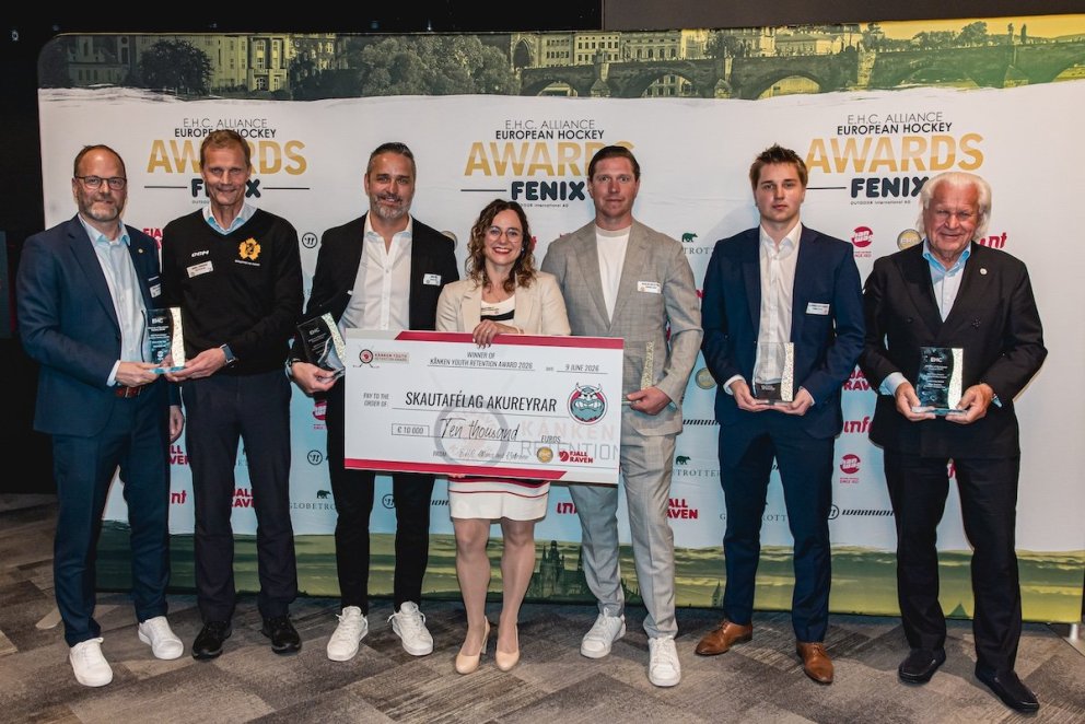 Verðlaunahafar European Hockey Awards 2026. Frá vinstri: Niklas Lundkvist og Daniel Fåhraeus frá Ske&hellip;